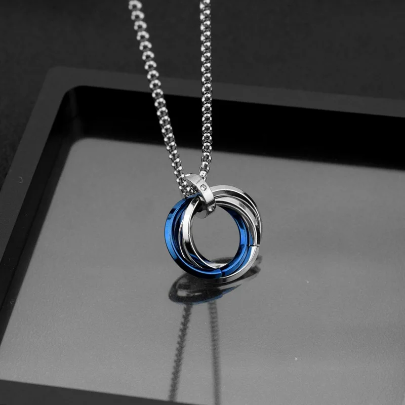 Long Chain Around The Neck Crystal Black Blue Ring Buckle Charm Pendant Necklace Stainless Steel Necklaces For Women Men Jewelry