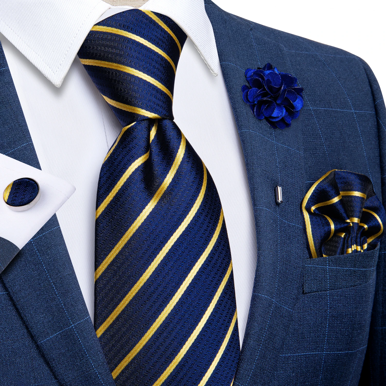 Blaue silberne Paisley-Krawatten für Herren, luxuriöses 8 cm breites Set mit Krawatte, Einstecktuch, Manschettenknöpfen, Brosche, Weihnachtsgeschenke für Männer – Detail 26