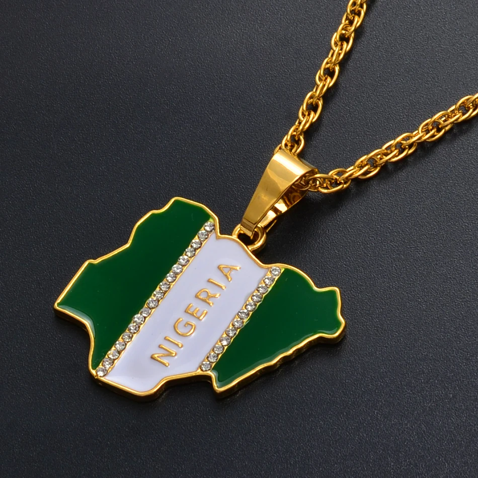 Anniyo Nigeria Map Flag Rhinestone Pendant Necklaces for Women Men Gold Color Nigerian Jewelry Patriotic  #068806