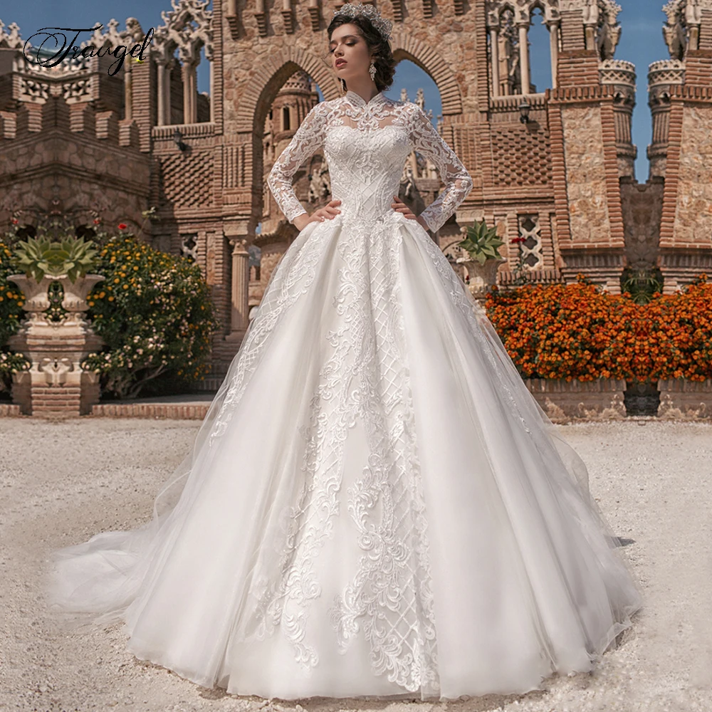 Traugel alta pescoço uma linha de renda vestidos de casamento applique manga longa pérolas botão vestido de noiva capela trem vestido de noiva mais tamanho