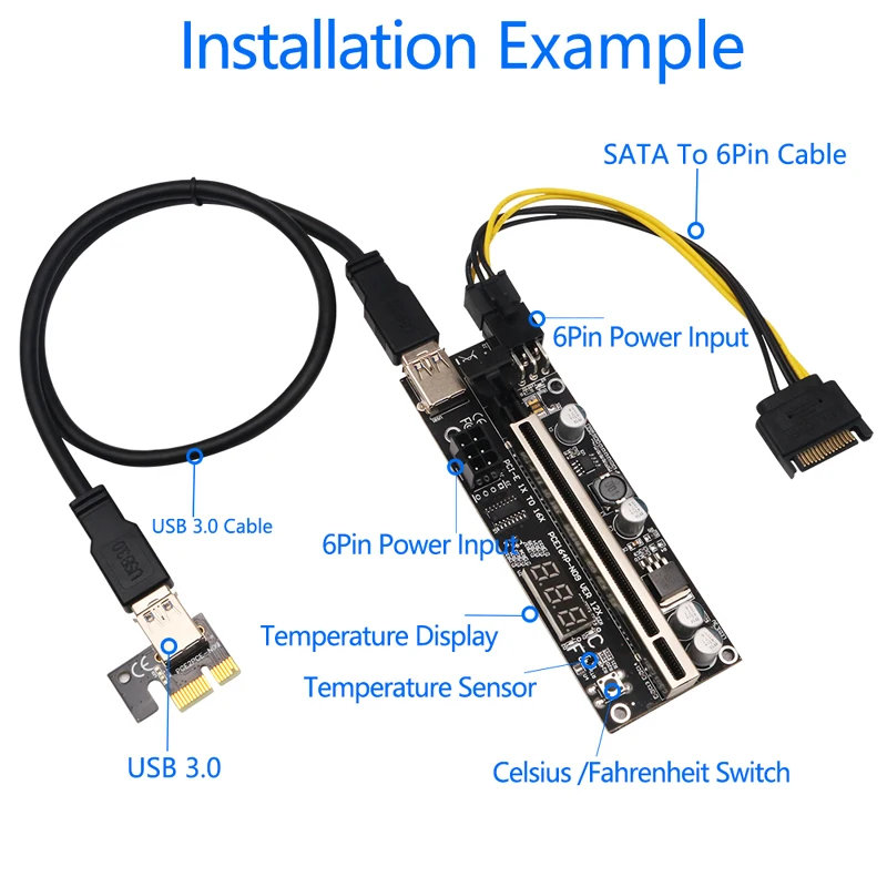 PCIE Riser 009S Plus Riser PCI E PCI Express X1 to X16 Dual 6Pin for Graphic Card GPU Bitcoin Miner Mining w/ Temperature Sensor