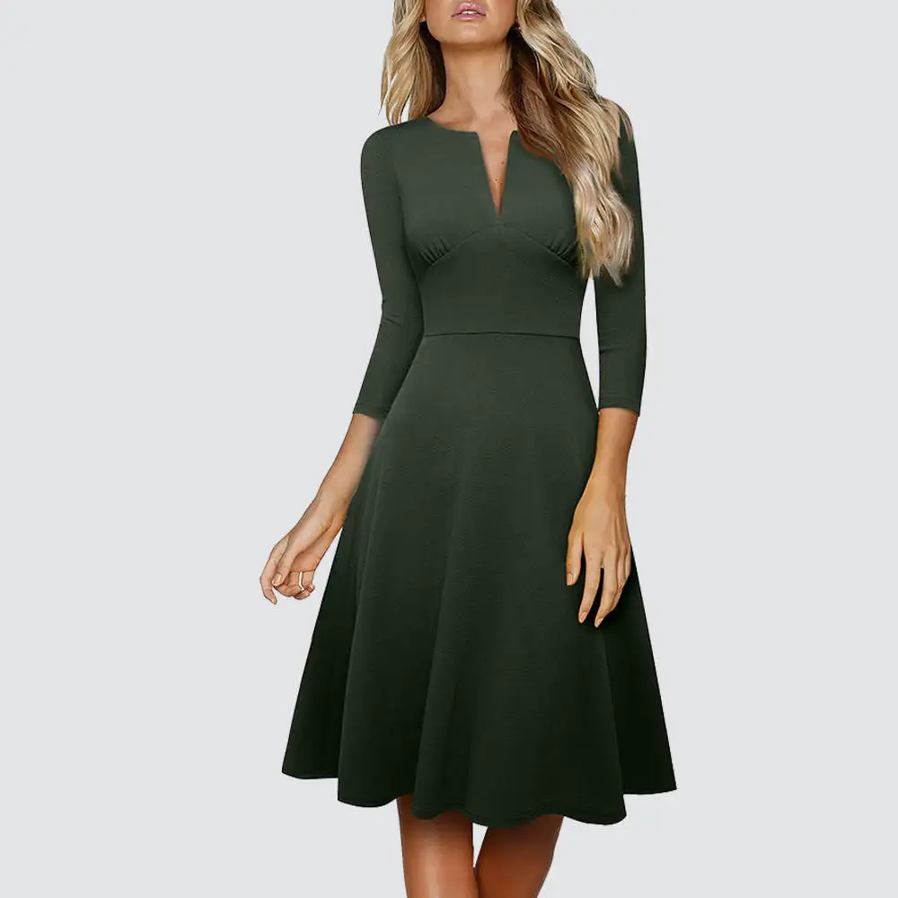 Women Brief Elegant Solid Color 3/4 Sleeve Notch V Neck Slim Fitted A-Line Dress HA289