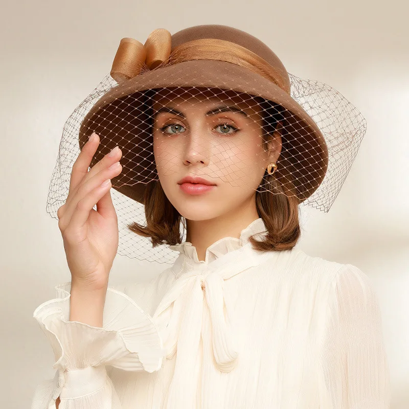 

Lace Mesh Flowers Fedora Hats For Women Fashion Wide Brim British Style Vintage Wedding Church Hat Lady Derby Cloche Cap