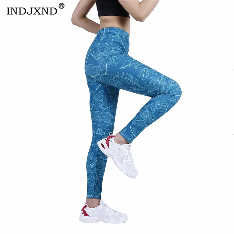 

INDJXND High Waist Fitness Leggings Women Workout Pants Patchwork Push Up Blue Banana Leaf Sexy Gym Clothing Femme Drop Shipping