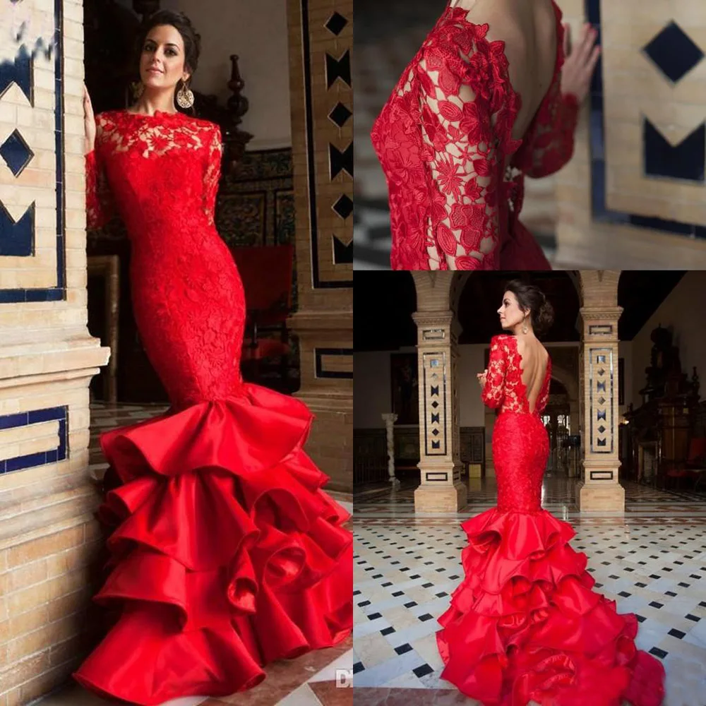 

HIGH Neck Red Mermaid Backless Evening Dresses Wear Lace Sexy Backless Tiered Ruffles Bateau Illusion Sweep Train Prom Dress Par