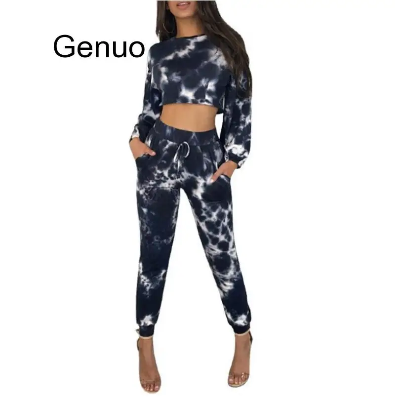 Tracksuit Women Two Pieces Lounge Set Printing Tie Dye Short Hooded And Long Jogging Pants Fashion 2 Piece Sweatsuit 2020 New