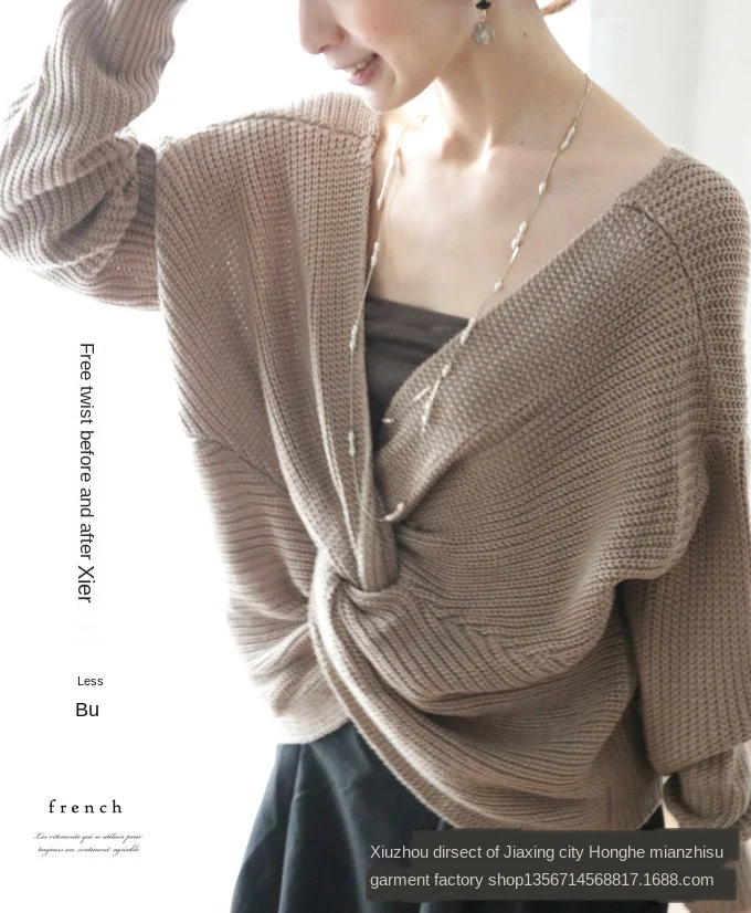 Sexy Deep V-neck Sweater Women's Backless Bat Sleeves Irregular Knotted Sweater Fashion Dual-use Pullover Autumn Clothes Women