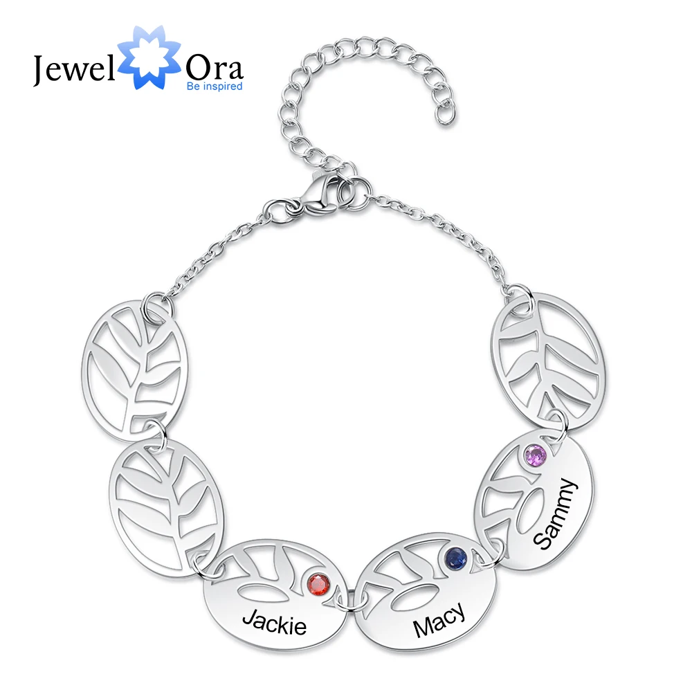 JewelOra Personalized 3 Names Engraving Leaf Charm Bracelet Customized DIY Birthstone Bracelets for Women Gifts for Mother