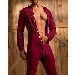 Masculino roupas de casa outono longo lazer wear estilo lazer masculino gola redonda manga comprida único breasted macacão nightwear conjunto