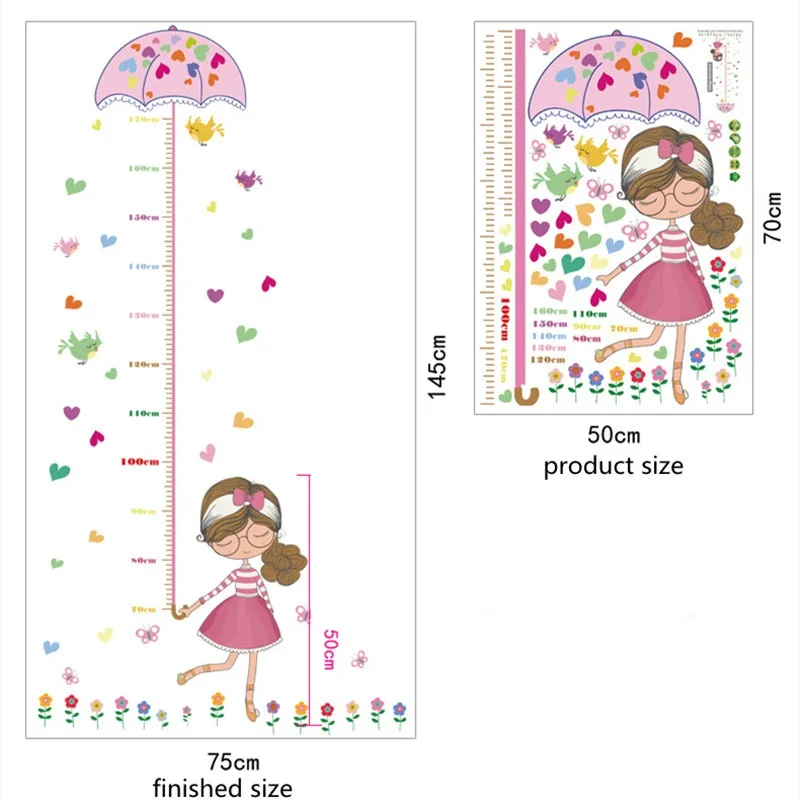 Lovely cartoon measurement height wall stickers umbrella For girls bedroom flower butterfly bird heart decor diy wallpaper decal