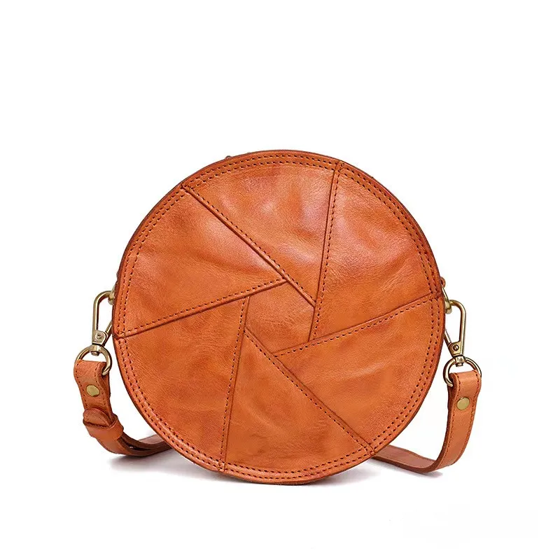 Vegetable tanned first layer cowhide handbags hand grasp pattern small round bag retro chain single shoulder bag