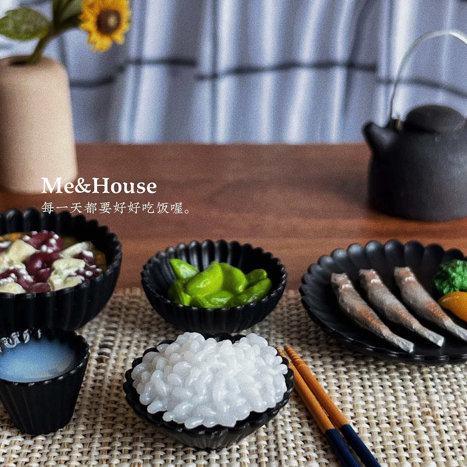 1:6 doll house mini model furniture accessories 8-piece set of chrysanthemum half bowl/dish set/plate/tableware