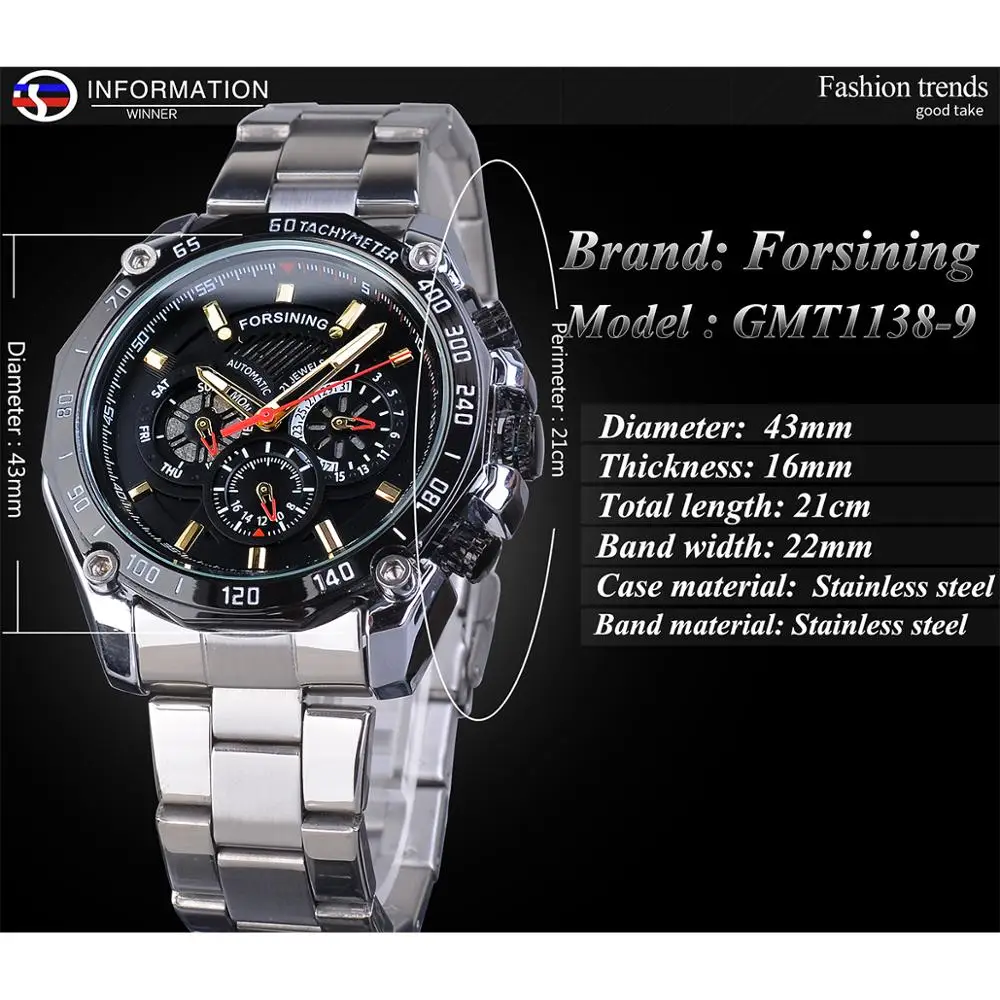 Forsining Sport Style Men\'s Mechanical Watches Black Automatic 3 Sub Dial Date Stainless Steel Belts Outdoor Military Wristwatch