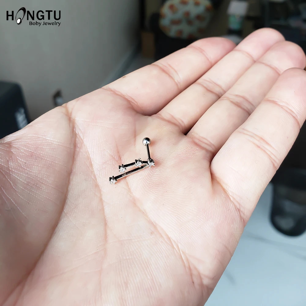 HONGTU 1PC 12 Constellation Zircon Tragus Ear Piercing Surgical Steel Shaft Bar Star Daith Earrings Helix Cartilage Studs 20g