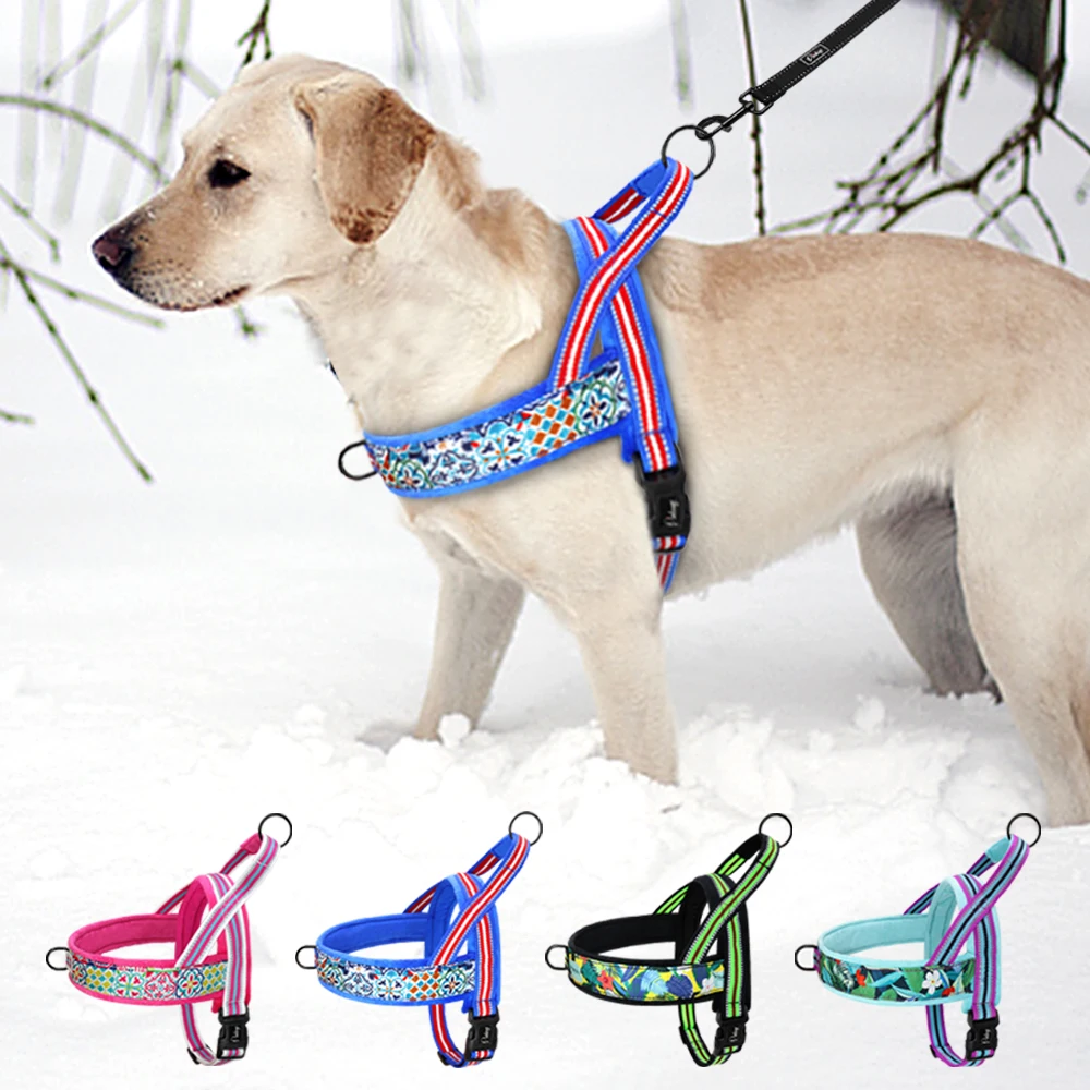 Reflective Dog Harness Nylon Soft Padded Pet Vest Warm Winter Dogs Harnesses Colorful Print Pitbull Small Large Dogs With Handle