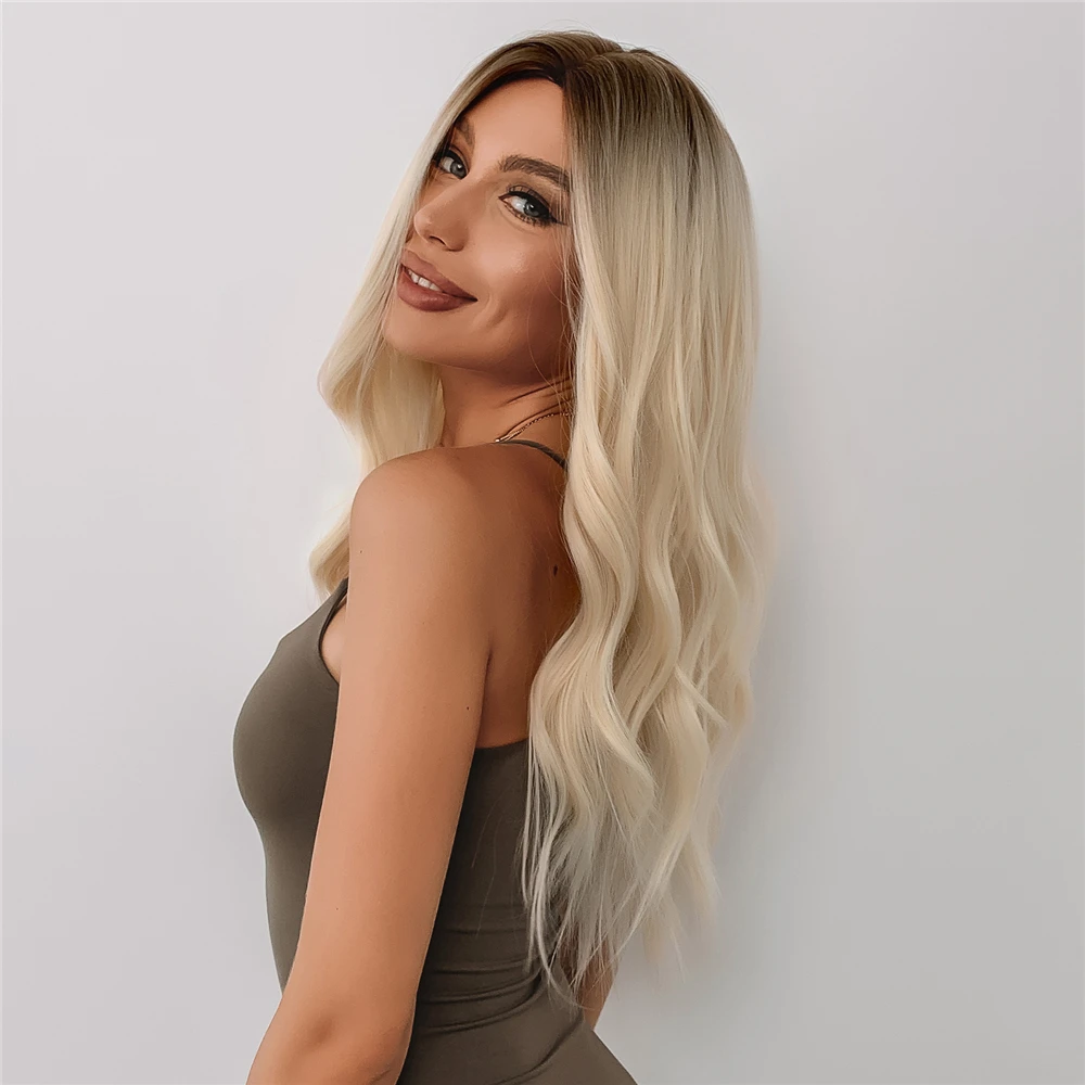 TINY LANA Long Wavy Omber White Blonde Platinum Synthetic Wig For White Woman Middle Part Cosplay Natural Hair Heat Resistant