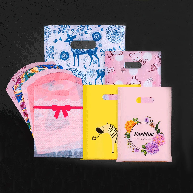 50pcs 15x20cm Multi Style Plastic Handle Bags Small Cute Wedding Jewelry Packing Pouches For Candy Cookie Gift Box