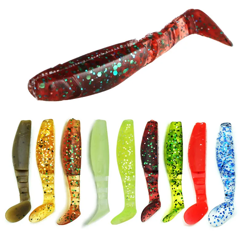 Señuelo de pesca suave con cola en T, cebo de goma de silicona, gel, opción multicolor, 4 secciones, 15 unids/lote por bolsa