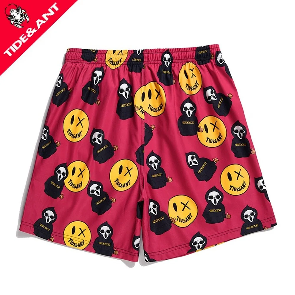 Homens verão Drawstring Smiley impressão calções de praia, calção de natação, boxer surf, maiô, roupa de banho