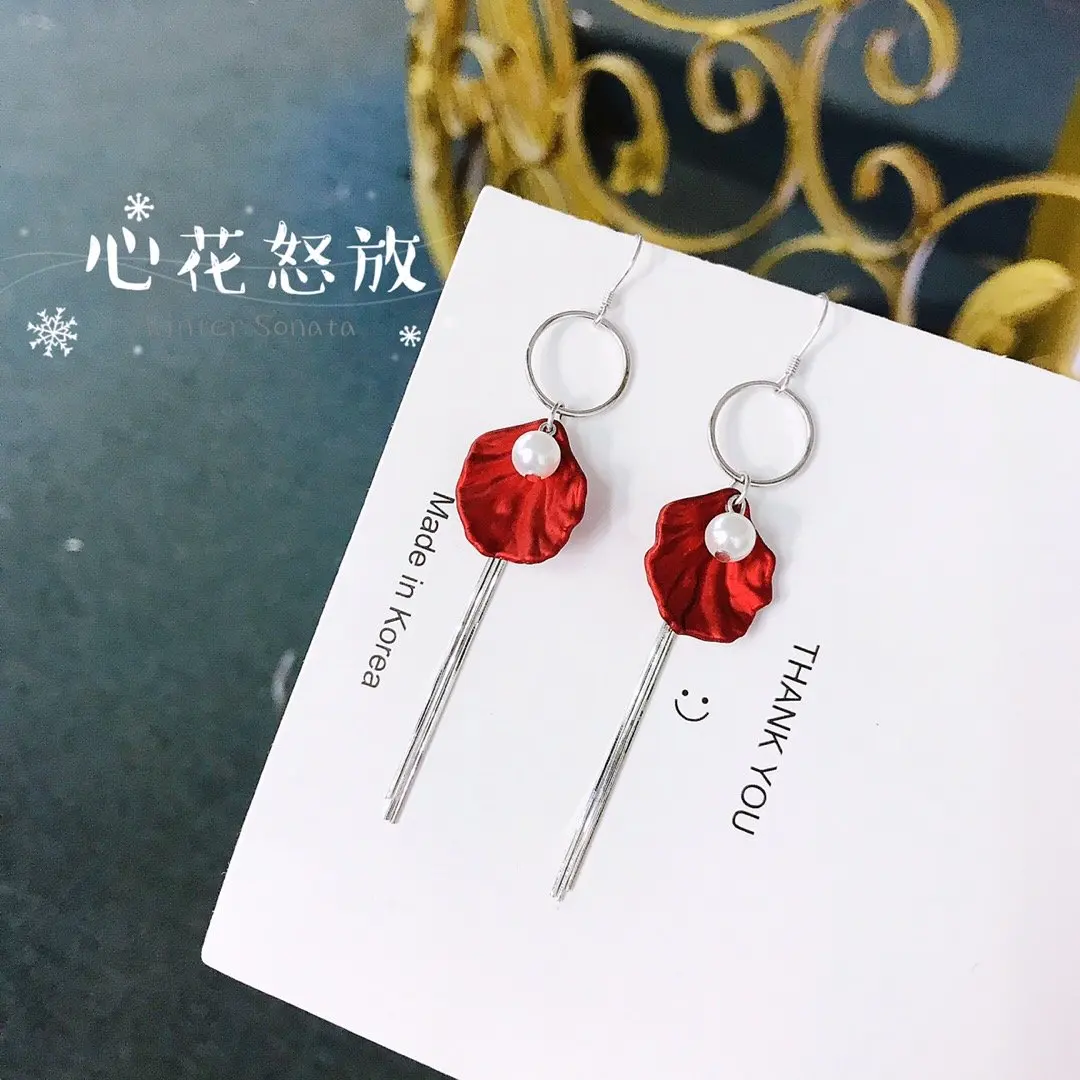 S925 Sterling Silver Original Tassel Women Pearl Dangle Earrings Lobe Small Crook Stud Ear Hook Shiny Petal Pearl Eardrop Leaf