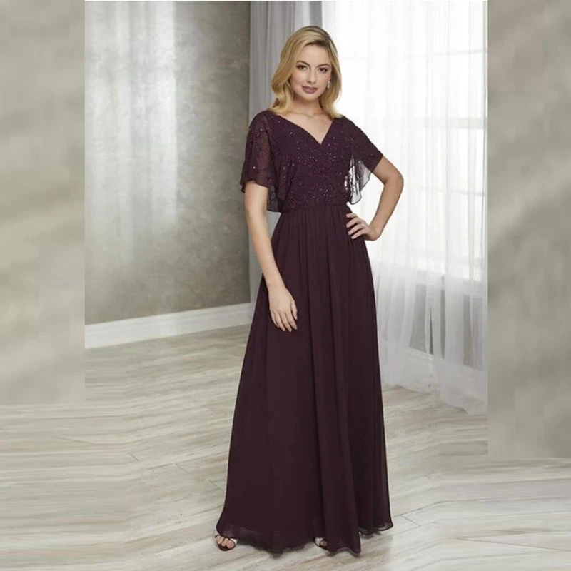 

Brown Mother Of The Bride Dresses A-line V-neck Floor Length Chiffon Beaded Plus Size Long Groom Mother Dresses Wedding