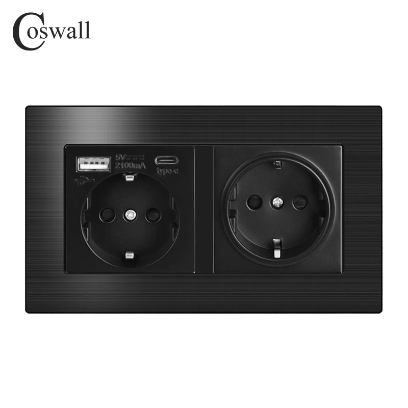 COSWALL L1 Series Black Brushed Aluminum Panel Wall Switch EU French Socket HDMI-compatible USB Charger TV RJ45 Modules DIY