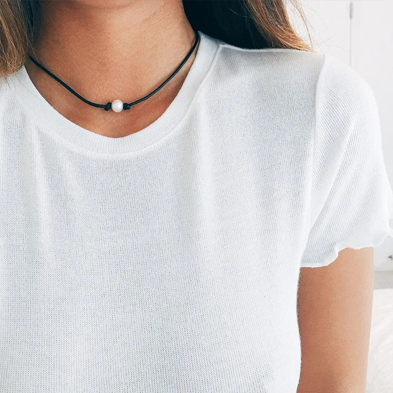 Black Leather Pearl Choker Necklace Real Pearl Necklace Single Pearl Choker Genuine Leather Necklace