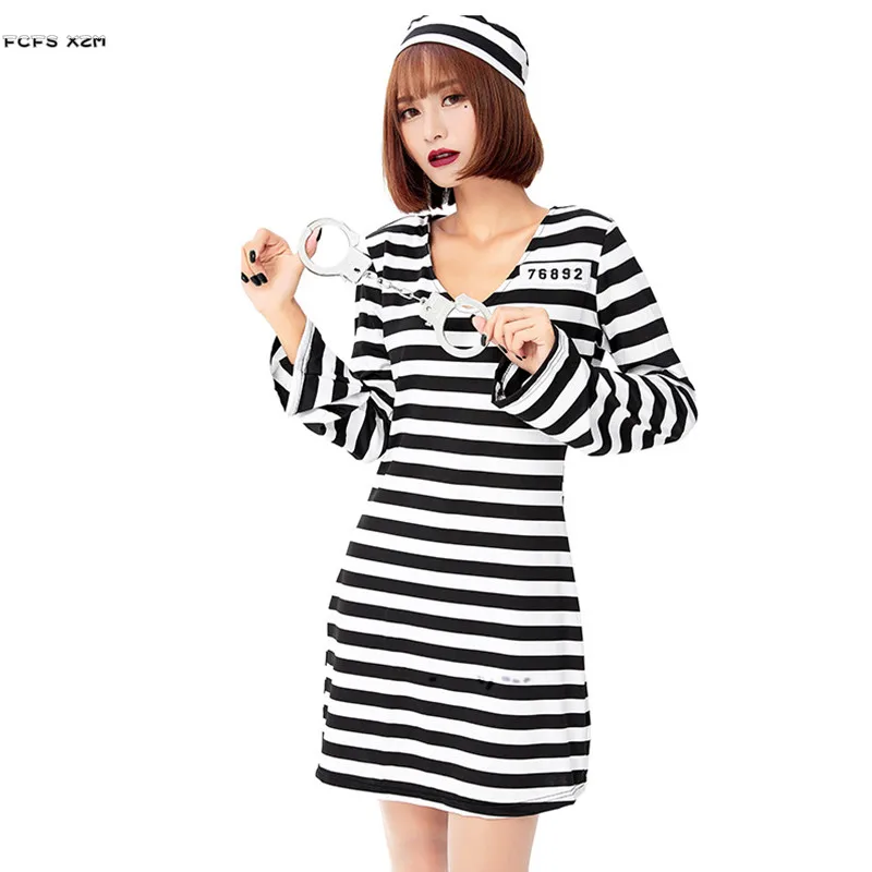 

Black and white stripes Female prisoner Cosplay Women Halloween Prison suit Costumes Carnival Purim parade Role play party dress