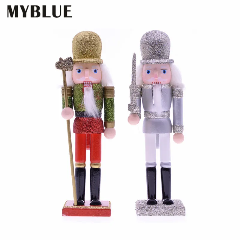 MYBLUE 2Pcs/Set 23cm Wooden Shining Sliver Soilder Nutcracker Sculpture Figurine Christmas Ornaments Home Room Decor Accessories