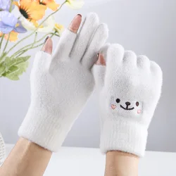 New Arrival Warm Female Winter Adult Smiling Face Fashion Plus Velvet Padded Gloves Cashmere Leaky Two-finger Gloves