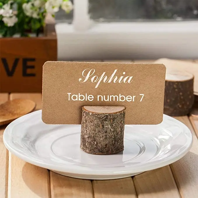 Wood Place Card Holders 12Pcs Premium Rustic Table Number Holders and 24Pcs Kraft Table Place Cards Wood Photo Holders H0583