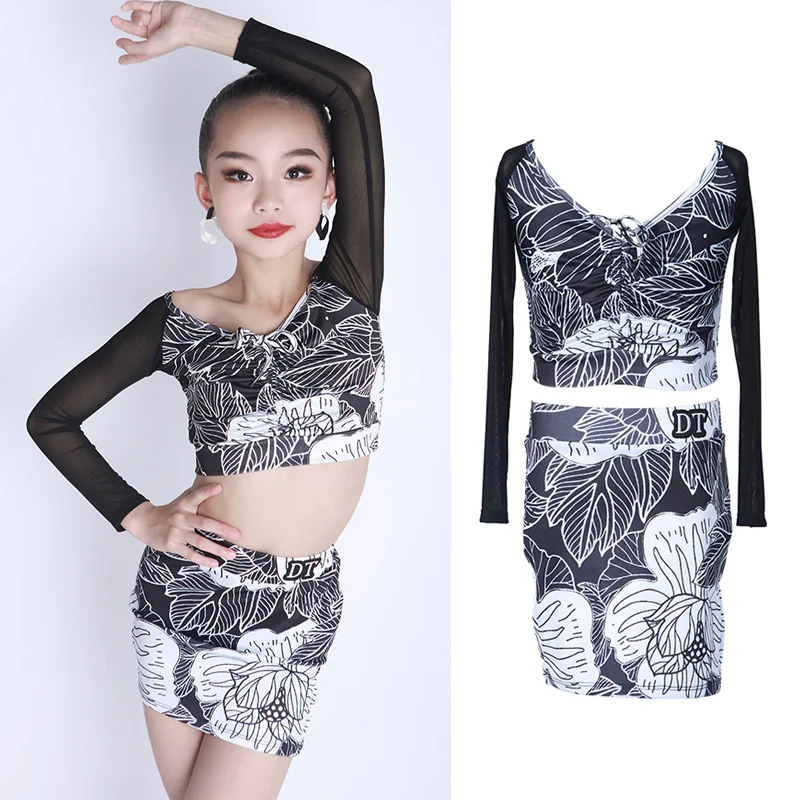 

Floral Latin Dance Costume Girls Ballroom Practice Wear Performance Costume Salsa Dancing Outfit Mesh Tap Dance Wear JL2956