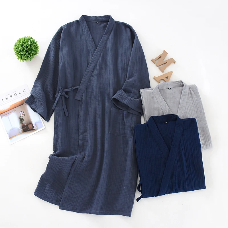 

Men Casual Robes Pajamas Gauze Crepe Cotton Loose Kimono Spring Bathrobe Traditional Hanfu Home Clothes Sleepwear Nightgown