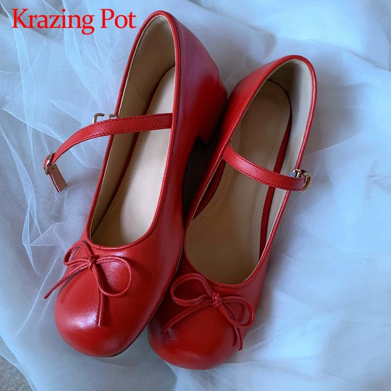 

Krazing Pot vintage gladiator sheep leather butterfly-knot sweet girls round toe low heel buckle straps maiden women pumps L86