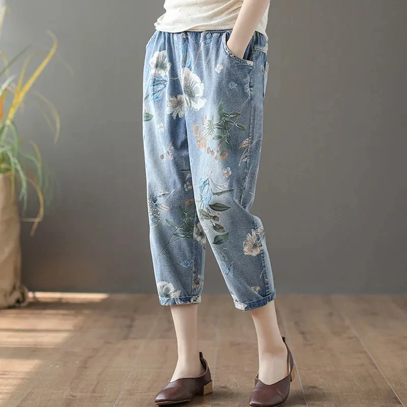 Retro Gedruckt Jeans Frauen 2022 Sommer Neue Dünne Lose Elastische Taille Pluderhosen Weibliche Mode Kalb-Länge Denim Hosen vintage