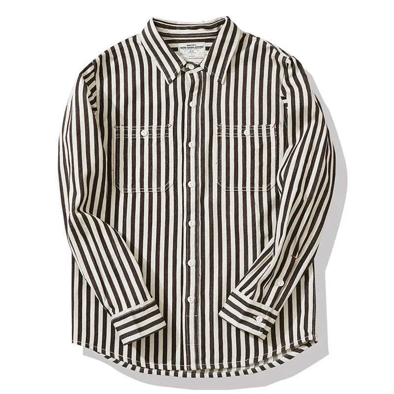 Amekaji Vintage Striped Work Shirt Men Spring Autumn New Washed Cotton Long Sleeve Workwear Shirts Streetwear Casual Couple Tops