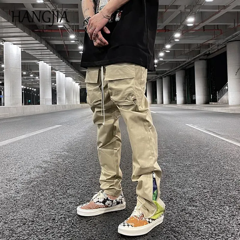 Streetwear Patchwork Cashew Flower Print Cargo Pants Y2k Men Hip Hop Casual Functional Slim Cargo Trousers Male Pocket Side Zip