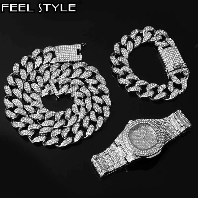 

1 Set Miami Cuban Chain Necklace +Bracelet +Watch Iced Out Paved Rhinestones CZ Bling Rapper Necklaces For Men Hip Hop Jewelry