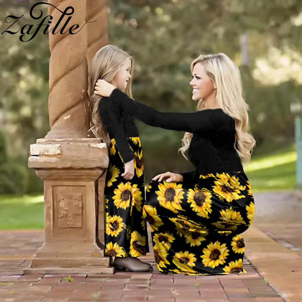 ZAFILLE Mother Kids Family Matching Outfits Autumn Winter Mother and Daughter Clothes Patchwork Sunflower Mom and Daughter Dress