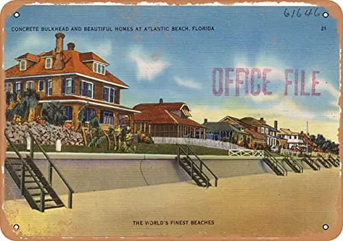 Metal Sign - Florida Postcard - Concrete Bulkhead and Beautiful Homes at Atlantic Beach, Florida - Vintage Rusty Look Wall Deco