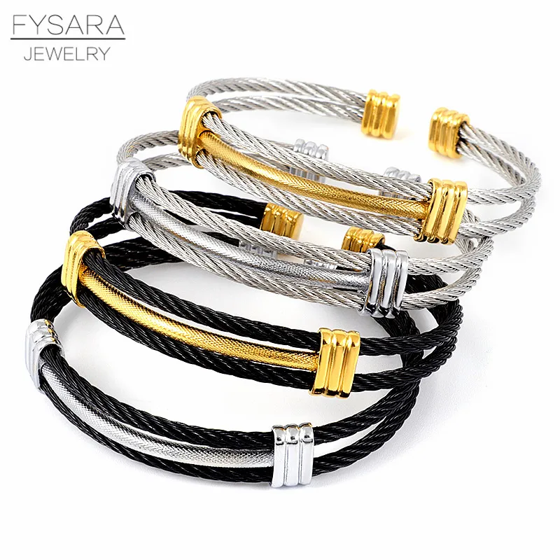 FYSARA Stainless Steel Luxury Charm Bracelets Unique Braided Men Women Sporty Jewelry Male Wire Cuff Open Chain Link Bangles