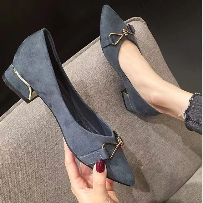 women shoes suede pointed toe metal bow decoration slip on flats mid-heel thick heel black loafers dress shoes