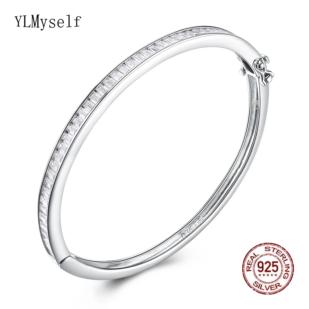 

5*5.6 cm Diameter Real 925 Silver Bangle Jewelry 4mm Wide Square Bling Zircon Fine Jewellery Luxury Sterling Silver Bracelet