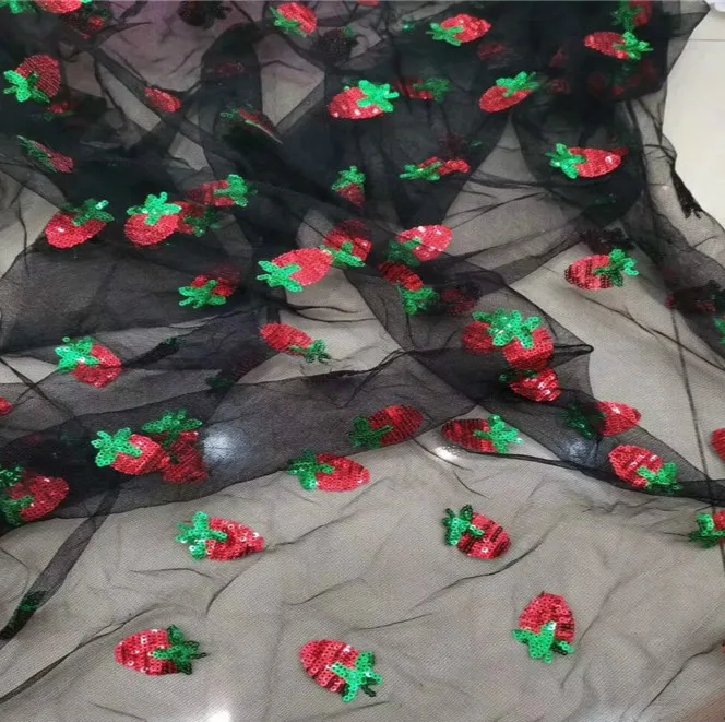 New Strawberry Sequined Embroidered Mesh Dress Children Clothing Chiffon Skirt Fabric Home Decoration