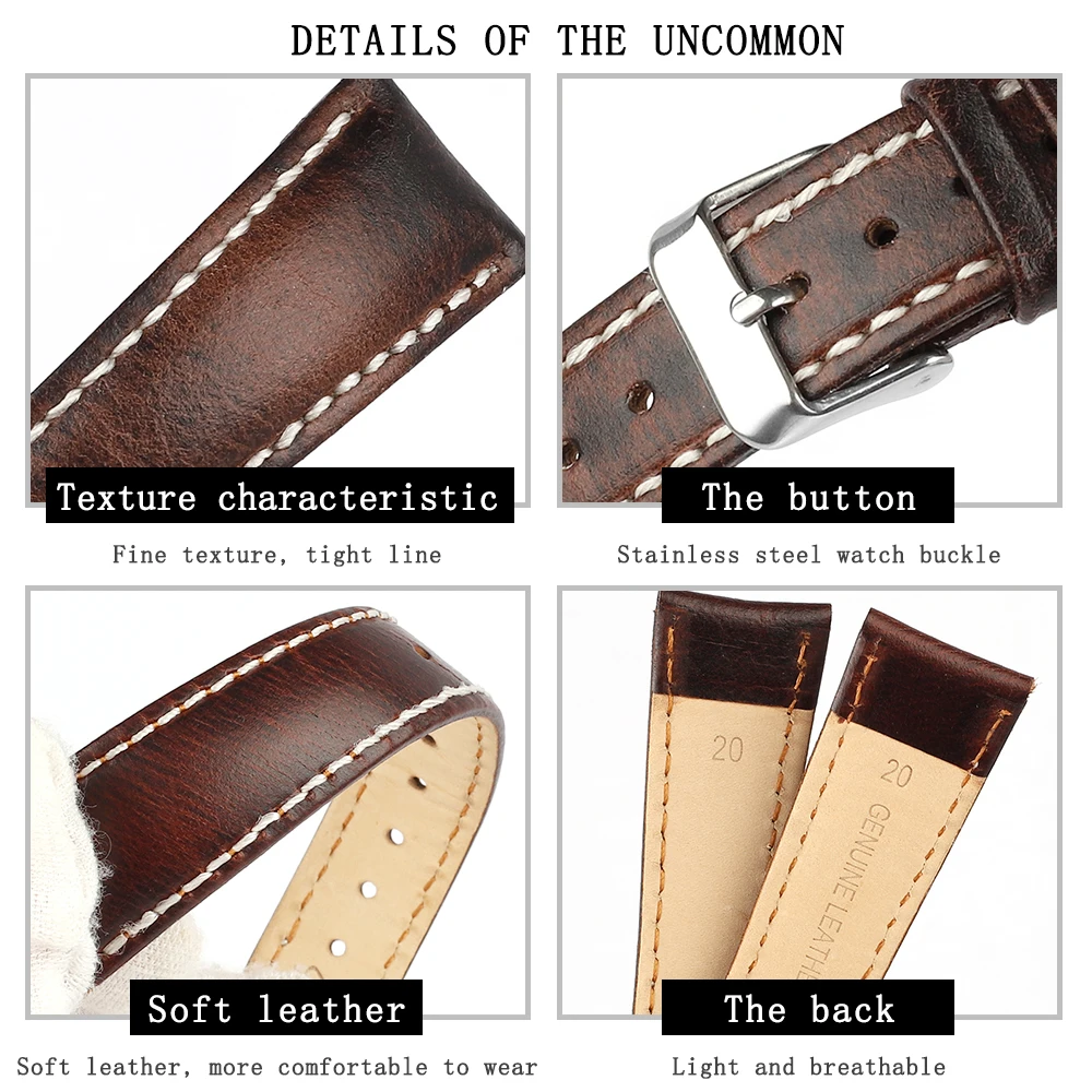 Retro Cowhide Watch Strap 20mm 22mm Red Brown Dark Coffee Half Arch Discolour Oil Wax Genuine Leather Watchband Replacement Belt