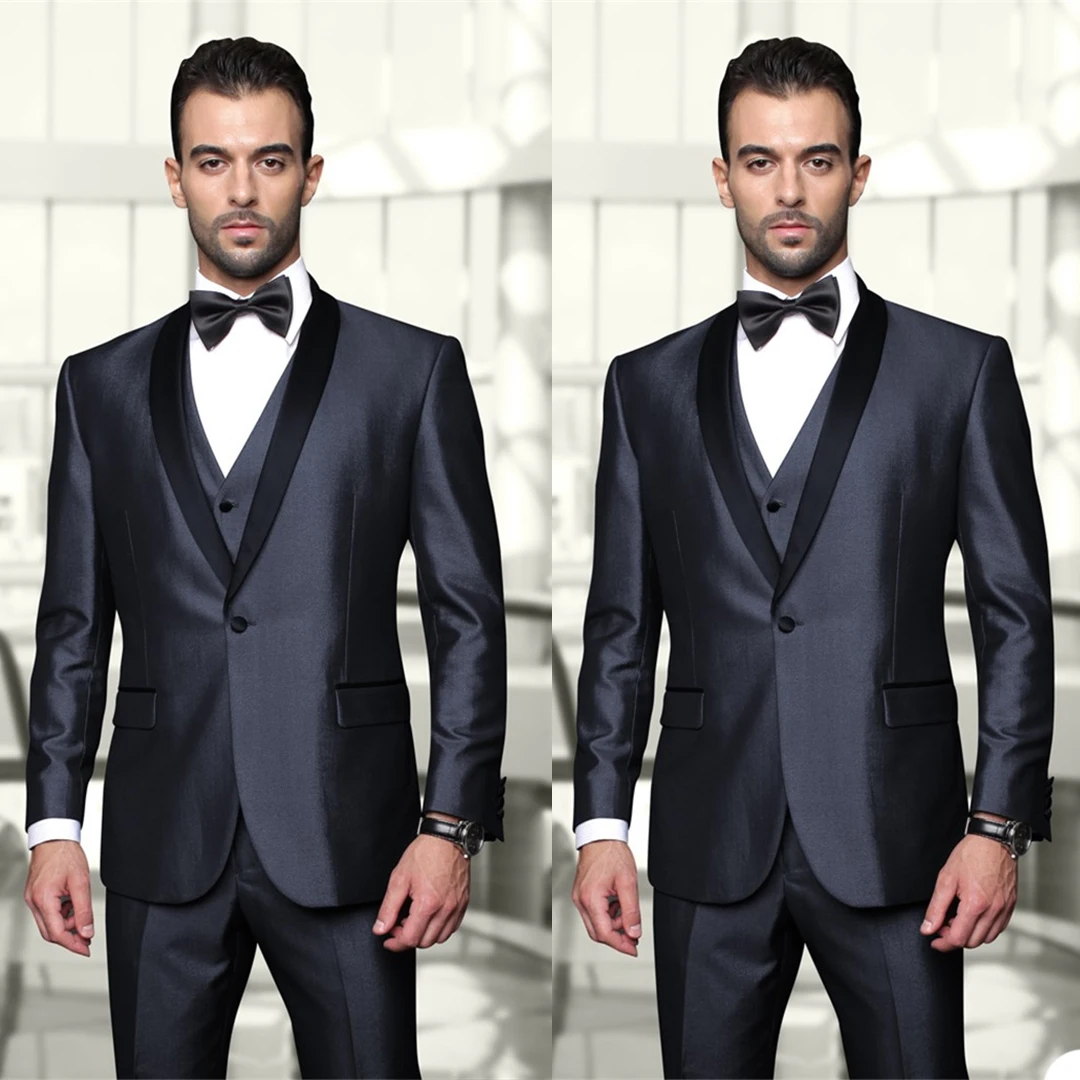 

Vintage Black Men Tuxedos Custom Made Shawl Lapel Slim Fit 3 Piece Set Wedding Party Formal Grooms Blazer