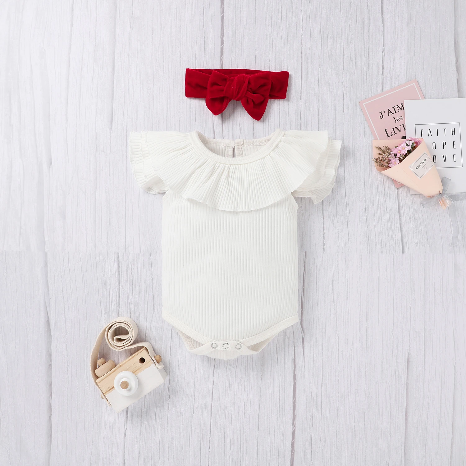 Toddler Infant Baby Girl Clothes Set Cute Ruffle Short Sleeve Knitted Romper+Velvet Suspender Layered Skirt+Headband 0-24M