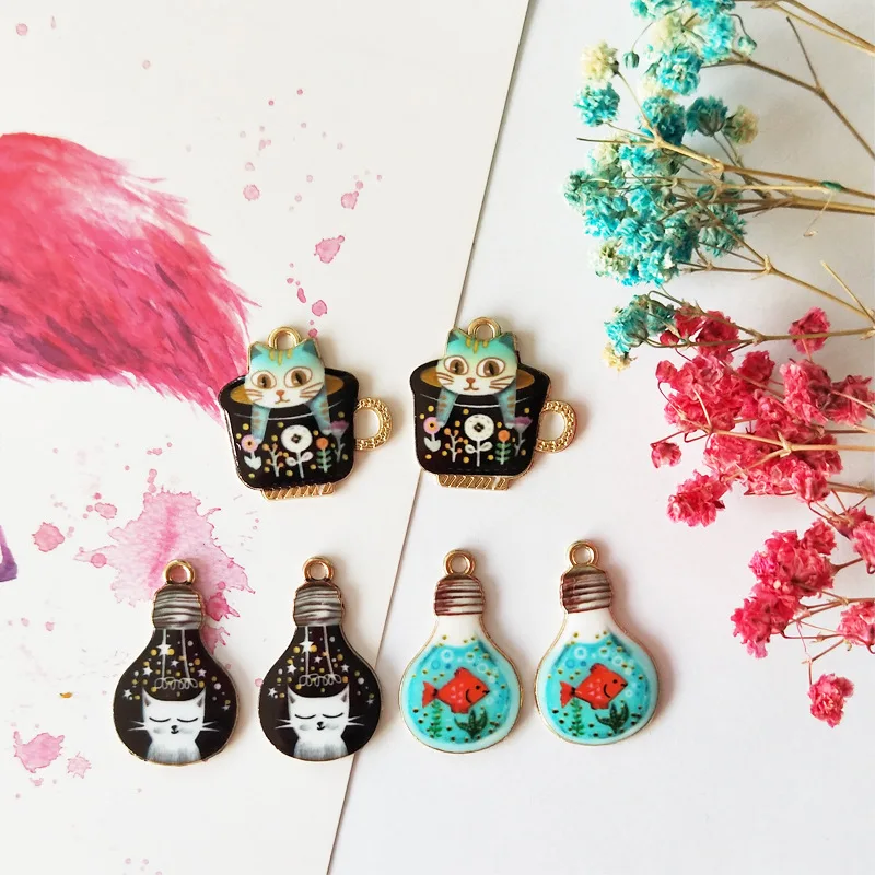 10pcs/pack Light Bulb Cat Cup  Enamel Charms Jewelry Earring Bracelets DIY Pendant Jewelry Making Golden color image 5