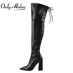 Onlymaker Women's Pointed Toe Over The Knee Boots Chunky High Heel Black PU Faux Suede Back Zipper Winter Boots Shoes