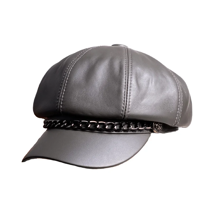 Women's Men's 100% Real Leather Sheep Skin Winter Outdoor Chain Newsboy Beret Casquette Hats/Caps